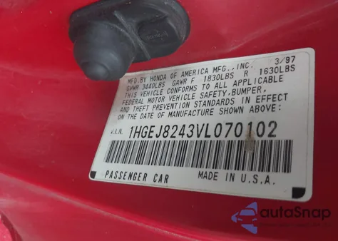 1997 Honda Civic Ex z USA, uszkodzony, nr VIN 1HGEJ8243VL070102